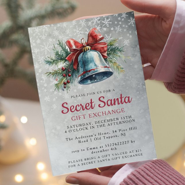 Pine and Bell Gray Secret Weihnachts-Party Einladung (Von Creator hochgeladen)