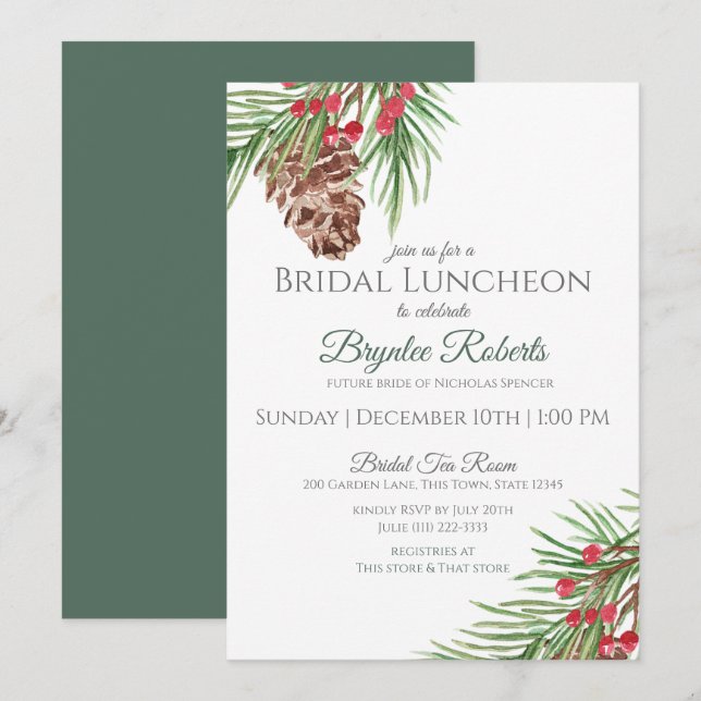 Pine and Berries Winter Bridal Luncheon Einladung (Vorne/Hinten)