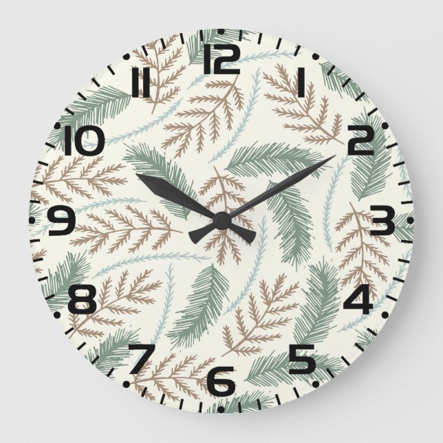 Pine and Cedar Evergreen Branches Pattern Große Wanduhr (Vorderseite)