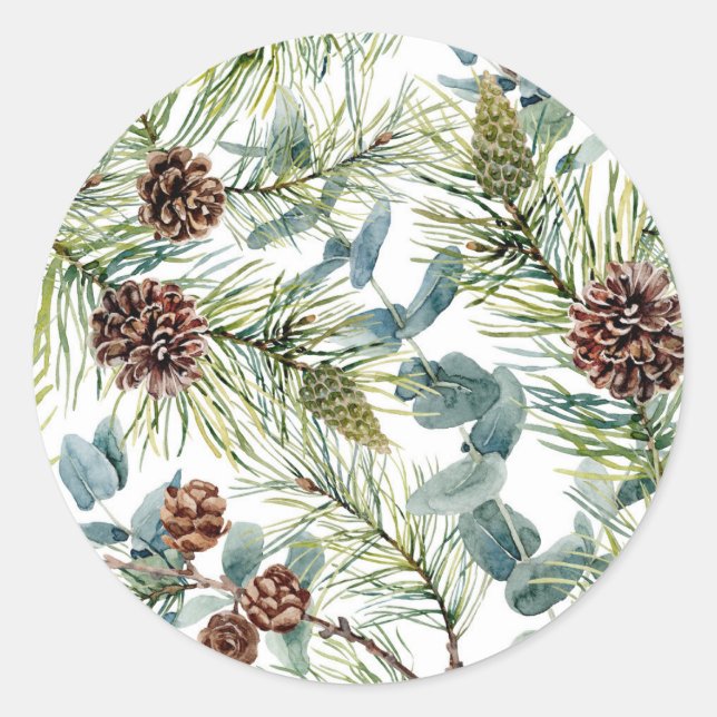 Pine and Pine Cones Muster Weihnachten Runder Aufkleber (Vorderseite)