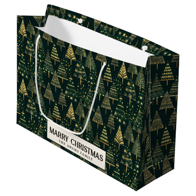 Pine Bäume und Sterne Grüne Gewohnheit Frohe Weihn Große Geschenktüte (Vorderseite Schrägansicht)