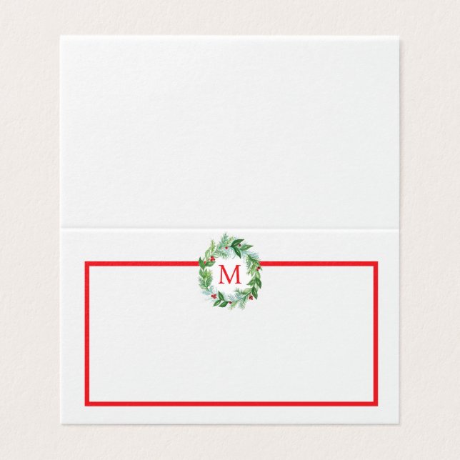 Pine Berries Wreath Monogram Christmas PLATZKARTE (Außenseite Aufgefaltet)
