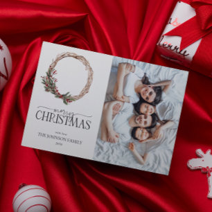 Pine Berry Wreath Frohe Weihnachts-Script-Foto Hol Feiertagskarte