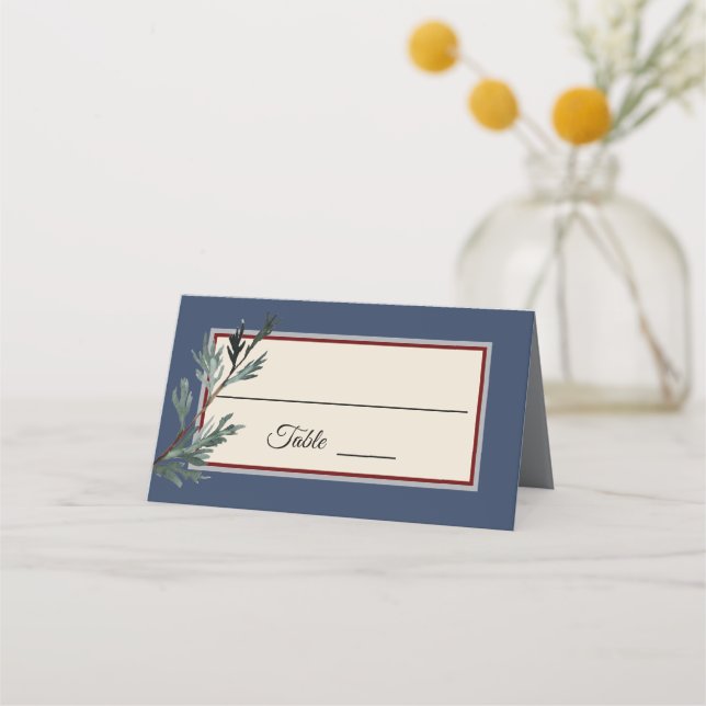 Pine Blue Winter Wedding Platzkarte Zelt (Vorderseite)