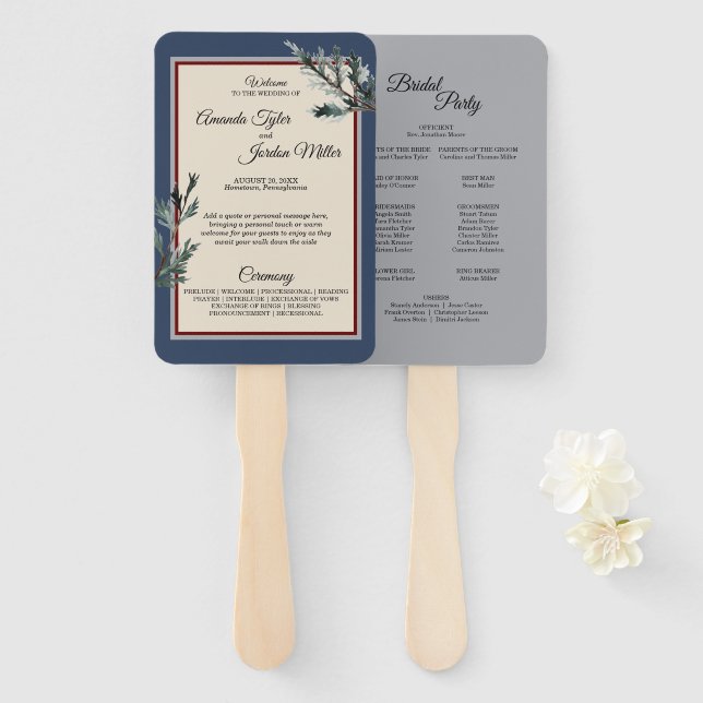 Pine Blue Winter Wedding Program Hand Fan Fächer (Vorne und Hinten)