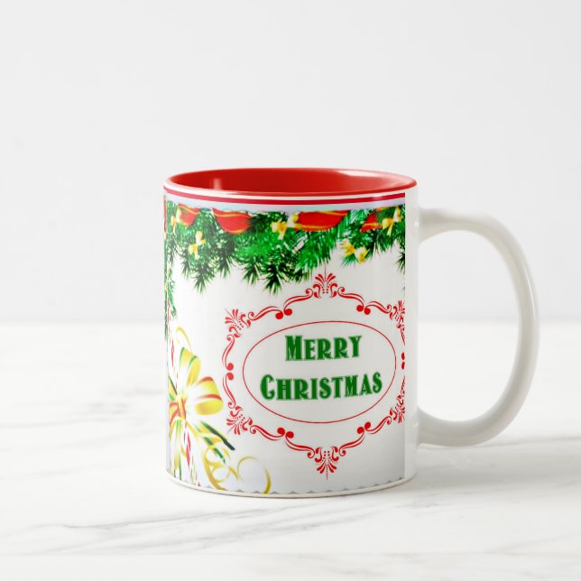 Pine Bough Frohe Weihnachten Zweifarbige Tasse (Rechts)