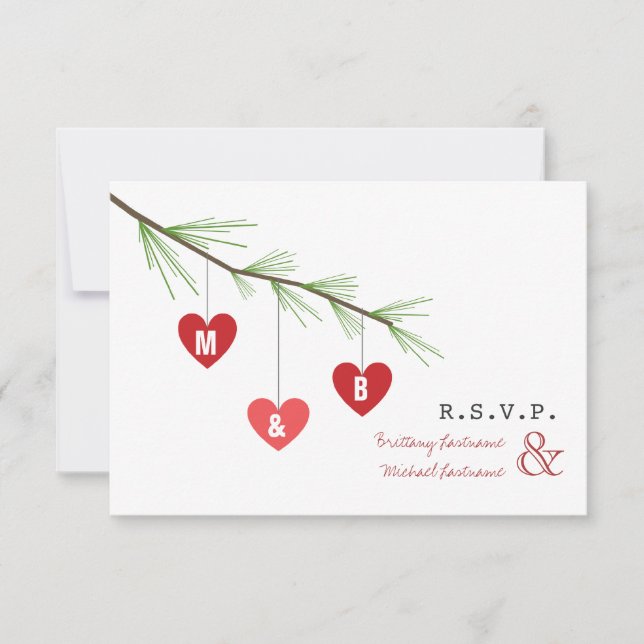Pine Bough & Hearts Valentine's Wedding R.S.V.P. Einladung (Vorderseite)