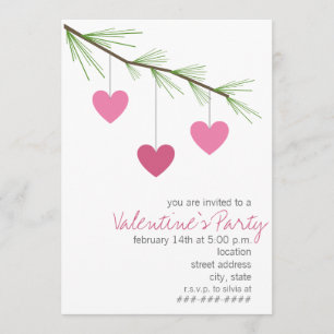 Pine Bough & Pink Hearts Valentins Party Einladung