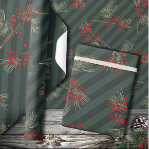 Pine Branch Red Ilex Berries Forest Green Strip Geschenkpapier