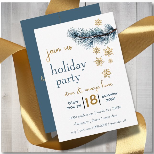 Pine Branch und Gold Snowflakes Feierabend Einladung (Modern holiday party invite with gold snowflakes and pine branch you can customize. )