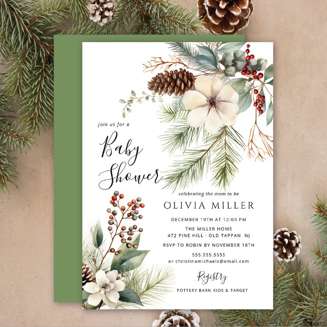 Pine Branch Winter Botanical Baby Shower  Einladung (Von Creator hochgeladen)