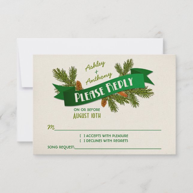 Pine Branches Cones Camping Glamping Wedding RSVP Karte (Vorderseite)