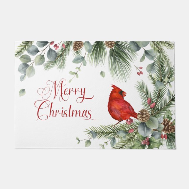 Pine Branches Pine Cones Berries Roter Kardinal Fußmatte (Vorderseite)