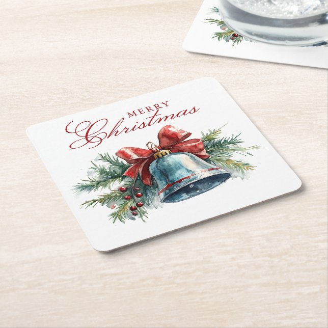 Pine Brunches und Weihnachten Glocke Frohe Weihnac Rechteckiger Pappuntersetzer (angewinkelt)