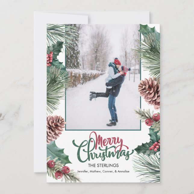 Pine Cone Holly Branch Foto Frohe Weihnachten (Vorderseite)