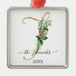 Pine Cone Monogram J Gold Glitter Holly Christmas Ornament Aus Metall