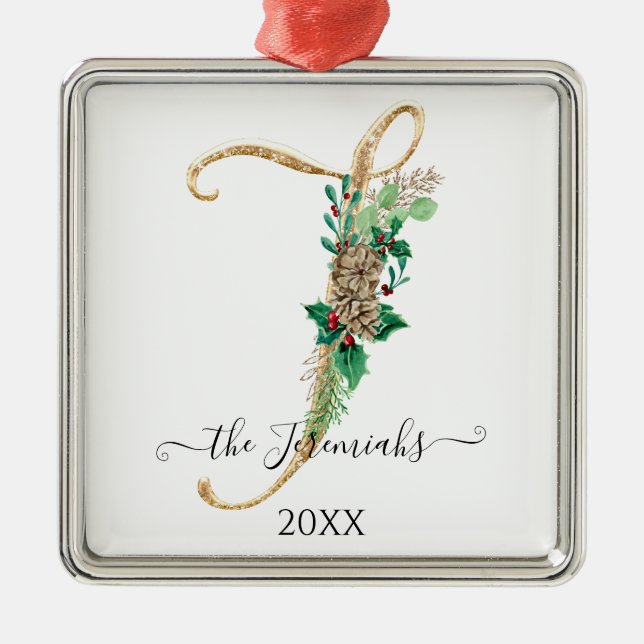 Pine Cone Monogram J Gold Glitter Holly Christmas Ornament Aus Metall (Vorne)