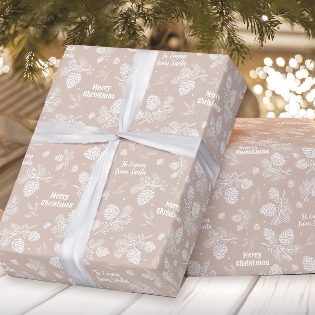 Pine Cone Muster Beige Weißer Name Text Weihnachte Geschenkpapier (Pine Cone Pattern Beige White Name Text Christmas Wrapping Paper)