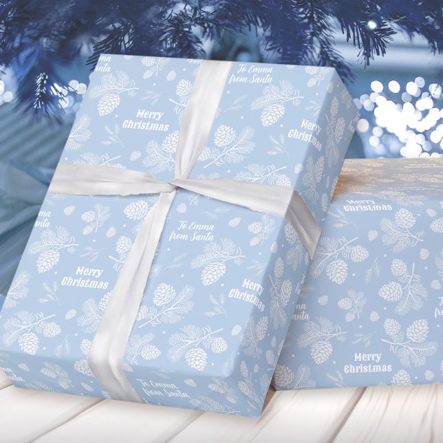 Pine Cone Muster Blauer Name Text Weihnachten Geschenkpapier (Pine Cone Pattern Blue Name Text Christmas Wrapping Paper)
