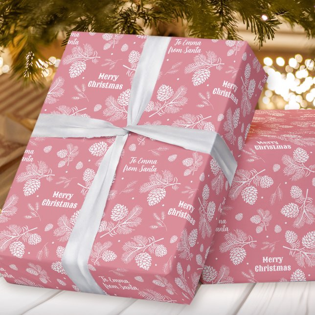 Pine Cone Muster Pink Name Text Weihnachten Geschenkpapier (Pine Cone Pattern Pink Name Text Christmas Wrapping Paper)