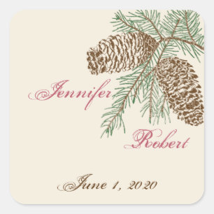 Pine Cone Nature on Cream Wedding Umschlag Aufkleb Quadratischer Aufkleber