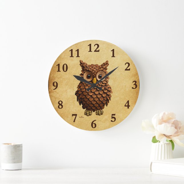 Pine Cone Owl Große Wanduhr (Zuhause)