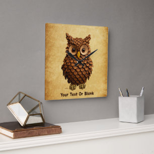Pine Cone Owl Quadratische Wanduhr