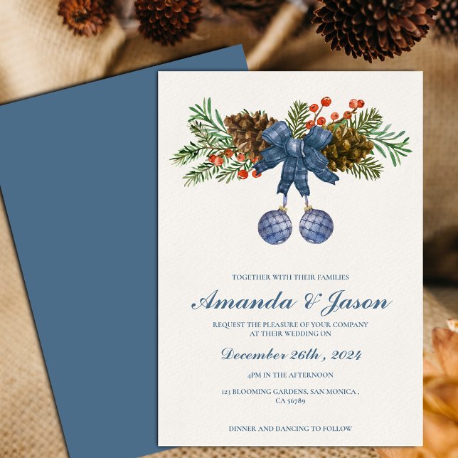 Pine Cone Red Berries Weihnachtsfeier Einladung (Pine Cone Red Berries Christmas wedding Invitation)