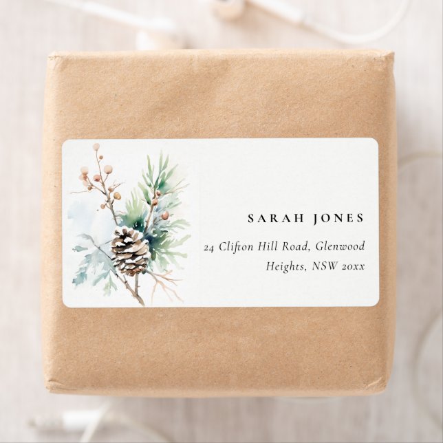 Pine Cone Watercolor Winter Berries Adresse (Insitu)