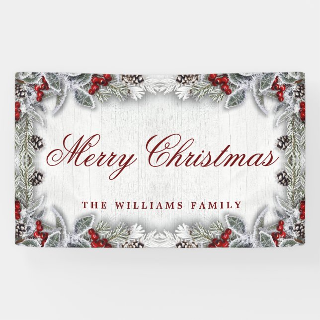 Pine Cones Branch Rustic Wood Frohe Weihnachten Banner (Horizontal)