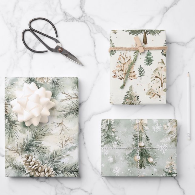 Pine Cones Green Cream Christmas Trees Snowflakes Geschenkpapier Set (Vorderseite)
