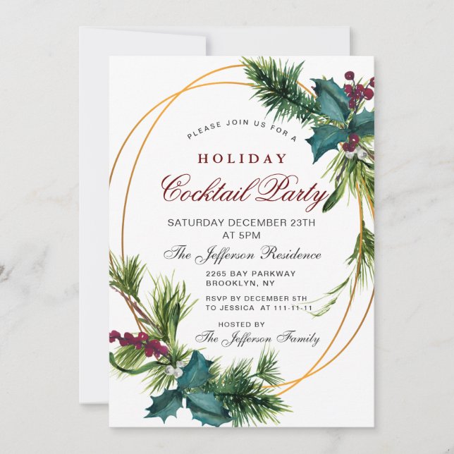 Pine Cones Holly Christmas Holiday Cocktail Party Einladung (Vorderseite)