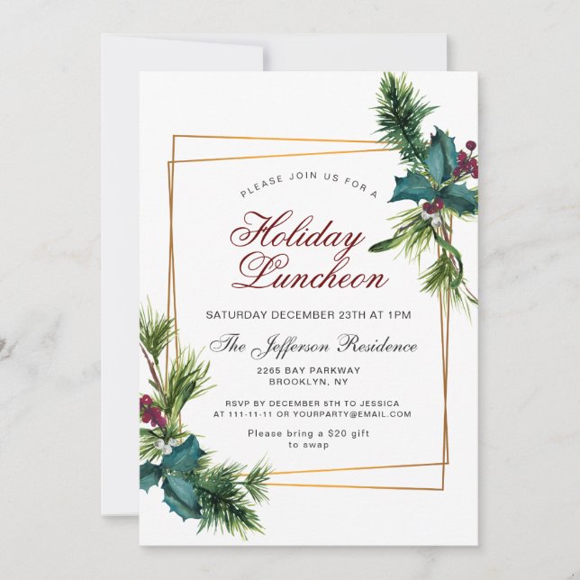 Pine Cones Holly Frame Weihnachtsfeiertag Mittages Einladung (Vorderseite)
