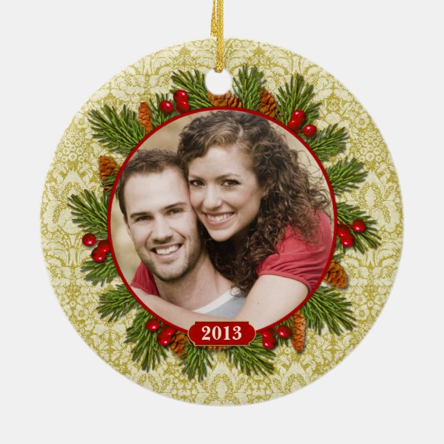 Pine Cones Holly Lace Family Foto Weihnachten Keramik Ornament (Hinten)