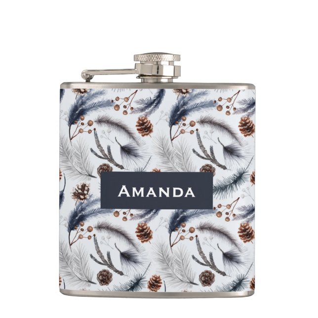 Pine Cones & Pine Needles Wasserfarbenes Muster Flachmann (Vorderseite)