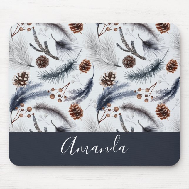 Pine Cones & Pine Needles Wasserfarbenes Muster Mousepad (Vorne)