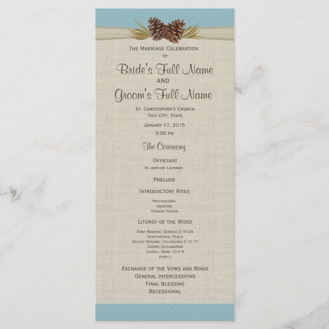 Pine Cones und Burlap Blue Wedding Programm (Vorderseite)