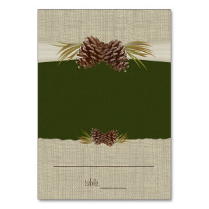 Pine Cones und Burlap Green Sitzkarte Tischnummer