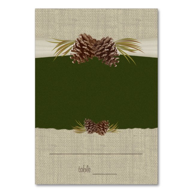 Pine Cones und Burlap Green Sitzkarte Tischnummer (Vorderseite)