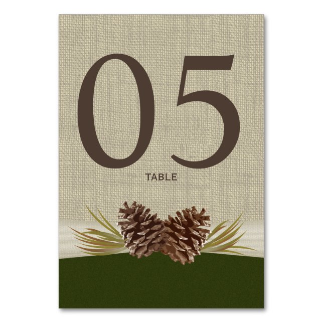 Pine Cones und Burlap Green Tischnummer Card (Vorderseite)