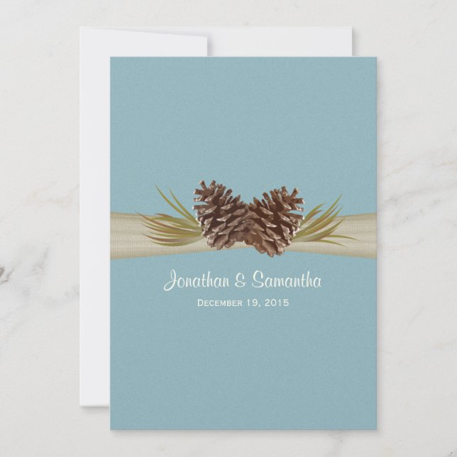 Pine Cones und Burlap Winter Blue Wedding Einladung (Vorderseite)