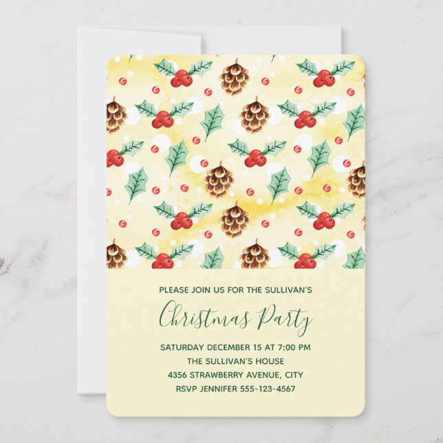 Pine Cones und Holly Christmas Pattern Einladung (Vorderseite)