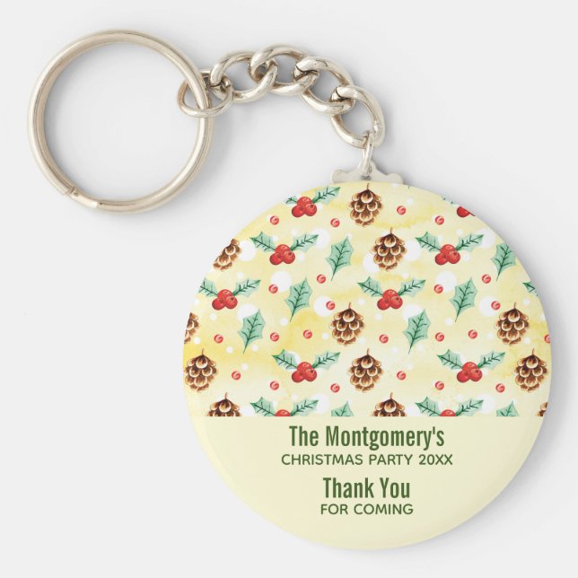 Pine Cones und Holly Christmas Pattern Gastgeschen Schlüsselanhänger (Vorne)