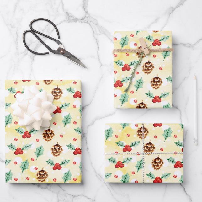 Pine Cones und Holly Christmas Pattern Geschenkpapier Set (Vorderseite)