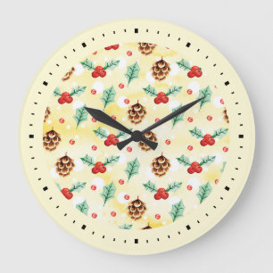 Pine Cones und Holly Christmas Pattern Große Wanduhr