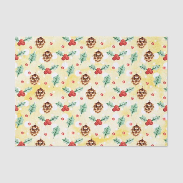 Pine Cones und Holly Christmas Pattern Seidenpapier (Vorderseite)