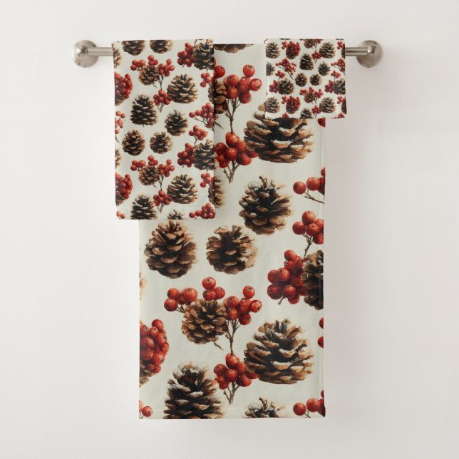 Pine Cones und Red Berries Winterhandtuch Badhandtuch Set (Insitu)