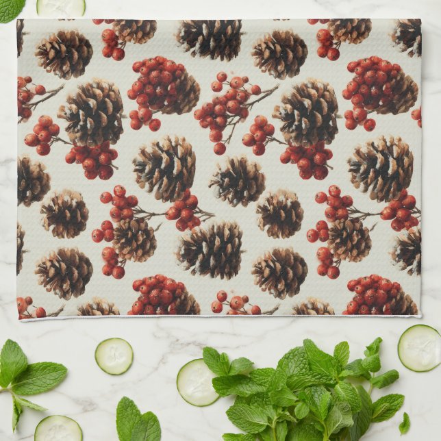 Pine Cones und Red Berries Wintermuster Geschirrtuch (Gefaltet)