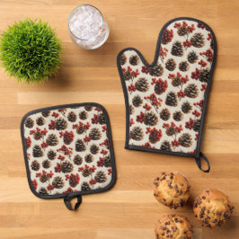 Pine Cones und Red Berries Wintermuster Ofenhandschuh & Topflappen-Set