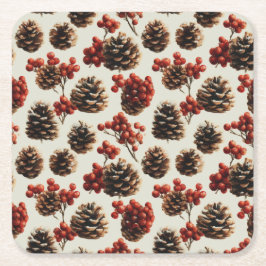 Pine Cones und Red Berries Wintermuster Rechteckiger Pappuntersetzer